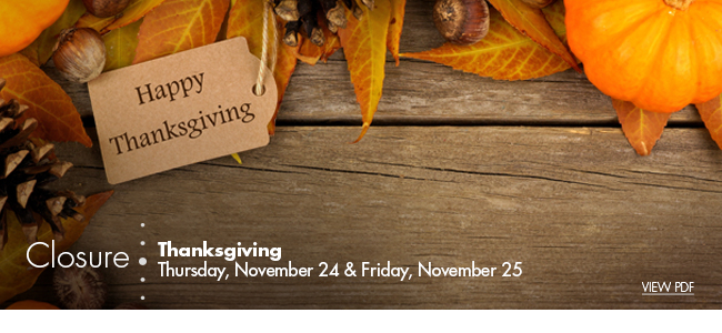Closure | Thanksgiving: Thursday, November 24 and Friday, November 25